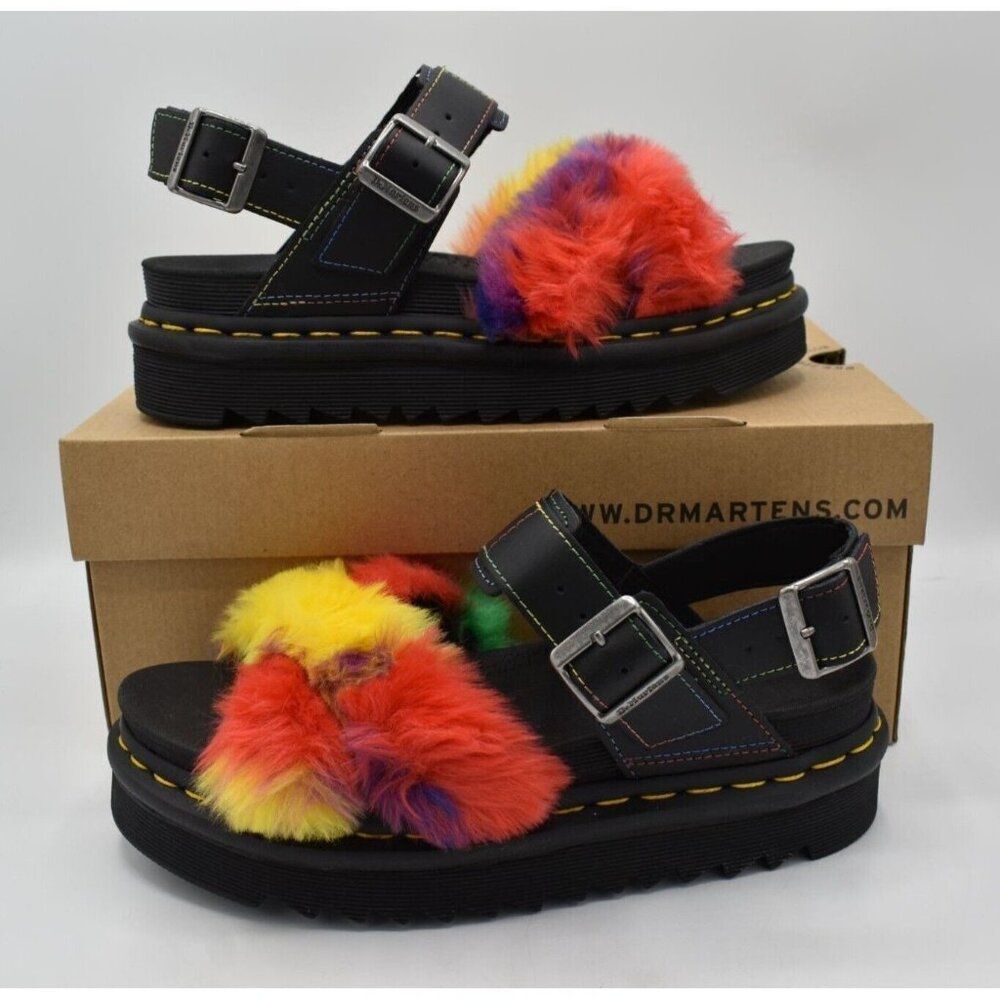 Dr Martens Womens Size 7 Voss II Pride Faux Fur Rainbow Platform Sandals‎ Shoes